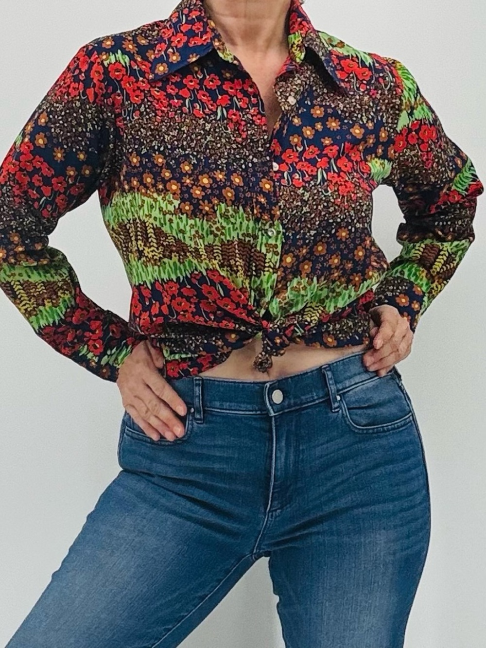 Vintage 70s Boho Cottagecore Prairie Floral Artsy Barrymore Collar Print Shirt
